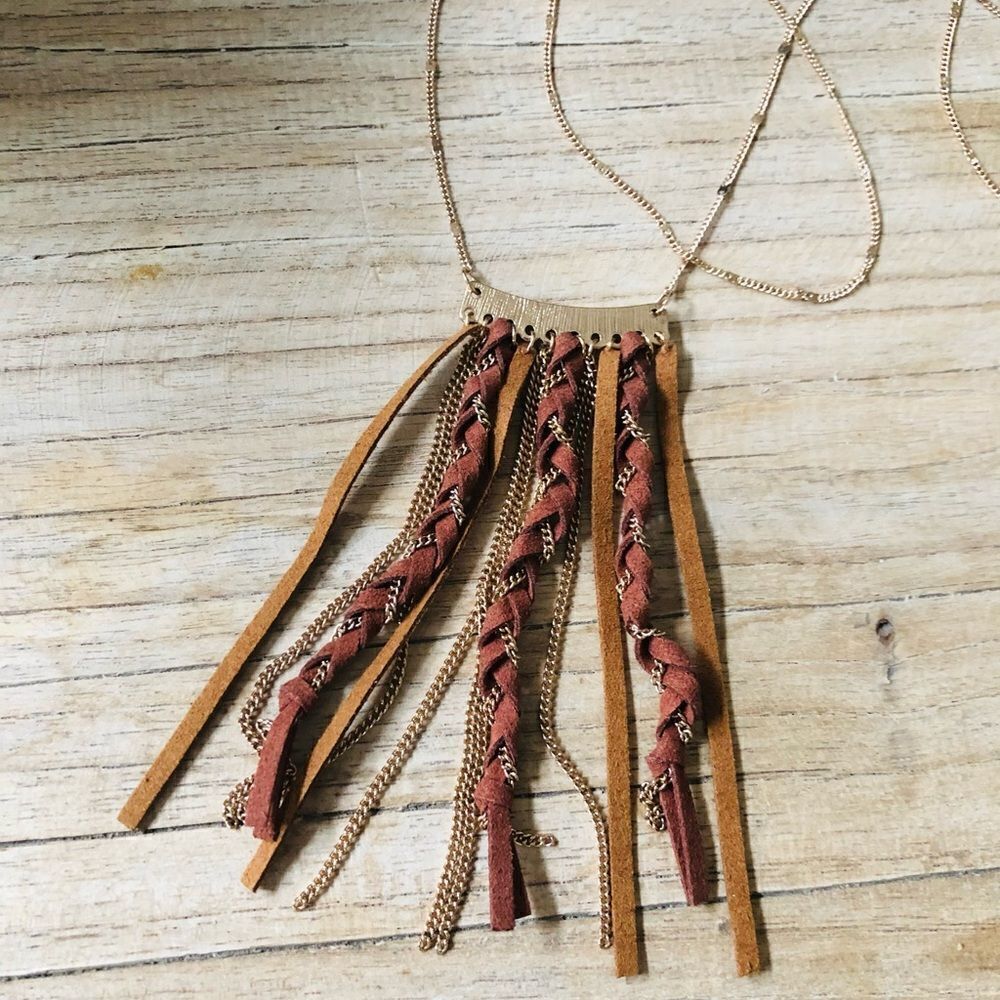 Boho Gold Leather Tassel Long Accent Necklace